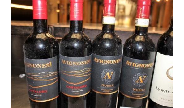 7 flessen div rode wijn wo Algarve, Monte Do Alèm 2009, Toscana Cantaloro Avignonesi 2014, Sanglovese Nobile Avignonesi 2015